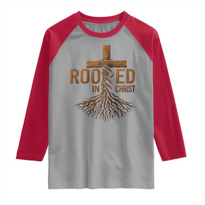 Rooted In Christ Raglan Shirt Vintage Jesus Christian Cross Bible Verse TS11 Sport Gray Red Print Your Wear