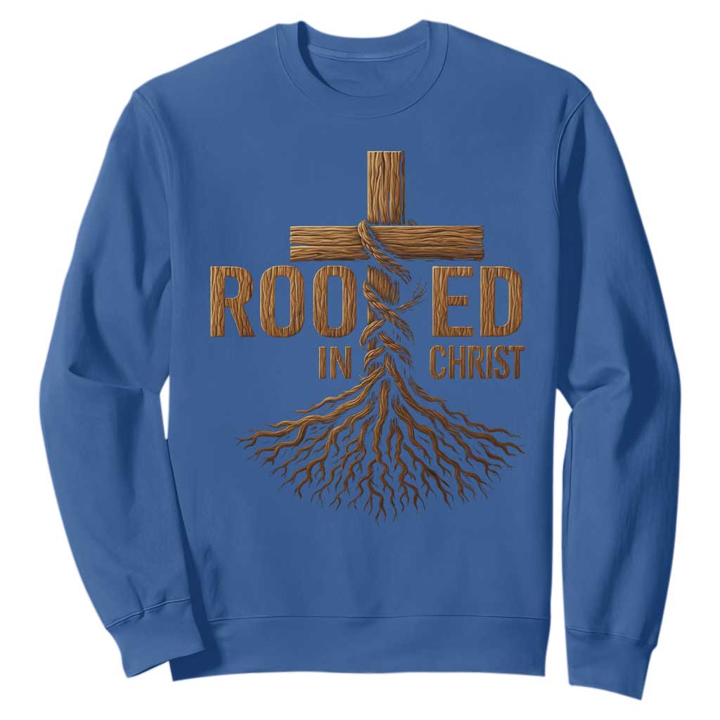 Rooted In Christ Sweatshirt Vintage Jesus Christian Cross Bible Verse TS11 Royal Blue Print Your Wear