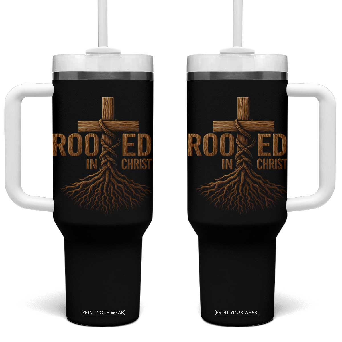 Rooted In Christ Tumbler With Handle Vintage Jesus Christian Cross Bible Verse TS11 One Size: 40 oz Black Print Your Wear
