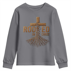 Rooted In Christ Youth Sweatshirt Vintage Jesus Christian Cross Bible Verse TS11 Charcoal Print Your Wear
