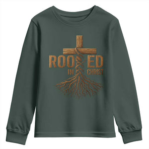 Rooted In Christ Youth Sweatshirt Vintage Jesus Christian Cross Bible Verse TS11 Dark Forest Green Print Your Wear