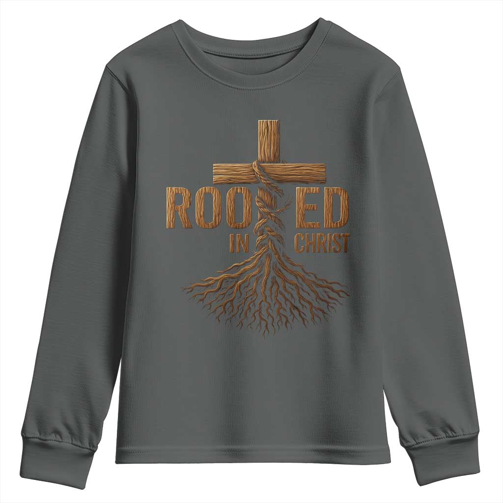 Rooted In Christ Youth Sweatshirt Vintage Jesus Christian Cross Bible Verse TS11 Dark Heather Print Your Wear
