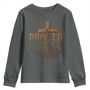 Rooted In Christ Youth Sweatshirt Vintage Jesus Christian Cross Bible Verse TS11 Dark Heather Print Your Wear