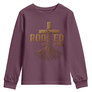 Rooted In Christ Youth Sweatshirt Vintage Jesus Christian Cross Bible Verse TS11 Maroon Print Your Wear