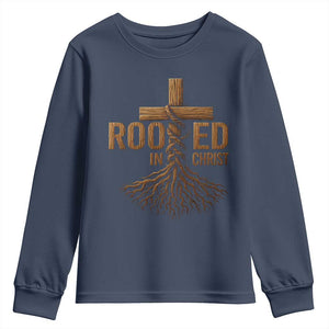 Rooted In Christ Youth Sweatshirt Vintage Jesus Christian Cross Bible Verse TS11 Navy Print Your Wear