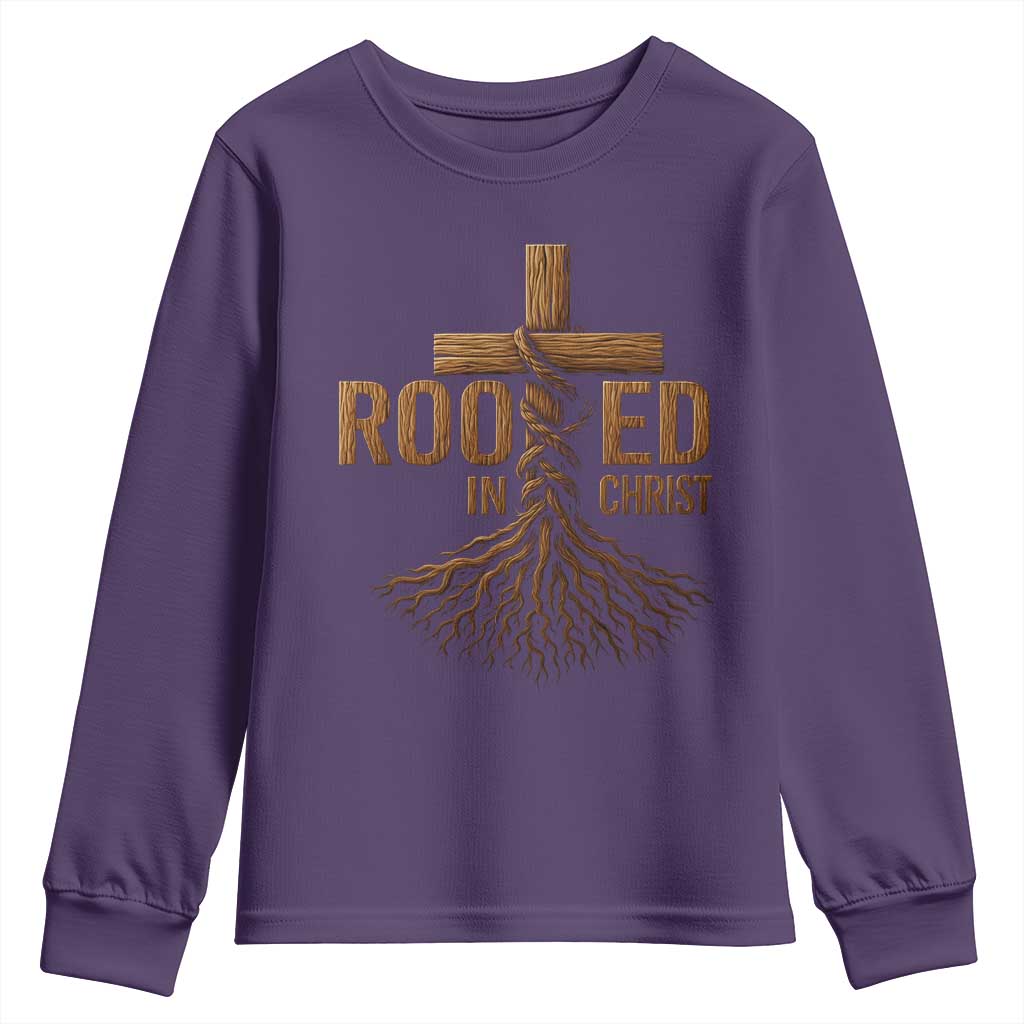 Rooted In Christ Youth Sweatshirt Vintage Jesus Christian Cross Bible Verse TS11 Purple Print Your Wear