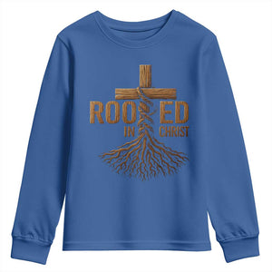Rooted In Christ Youth Sweatshirt Vintage Jesus Christian Cross Bible Verse TS11 Royal Blue Print Your Wear