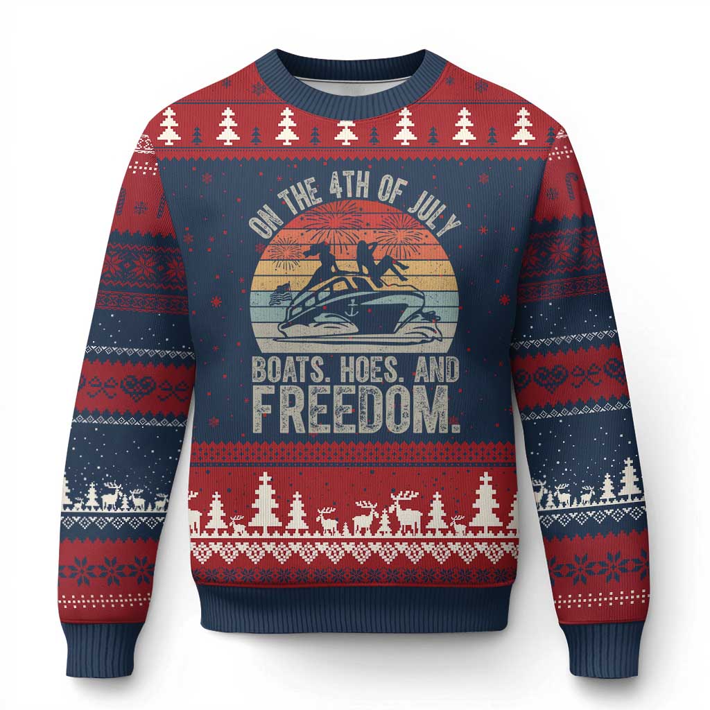Funny On The 4th Of July Boats Hoes And Freedom Ugly Christmas Sweater TS11 Navy Red Print Your Wear