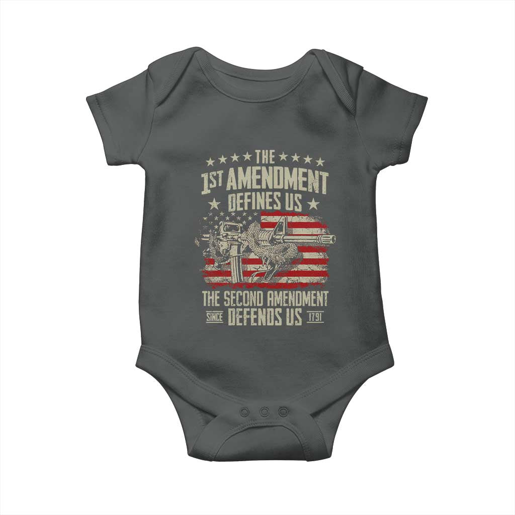 The 1st Amendment Defines Us The Second Defends Us Since 1791 Baby Onesie Vintage American Flag TS11 Dark Heather Print Your Wear