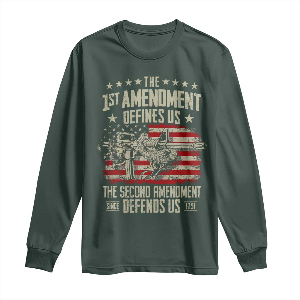 The 1st Amendment Defines Us The Second Defends Us Since 1791 Long Sleeve Shirt Vintage American Flag TS11 Dark Forest Green Print Your Wear