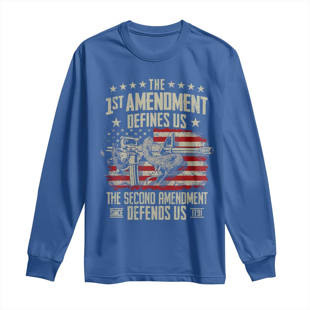 The 1st Amendment Defines Us The Second Defends Us Since 1791 Long Sleeve Shirt Vintage American Flag TS11 Royal Blue Print Your Wear