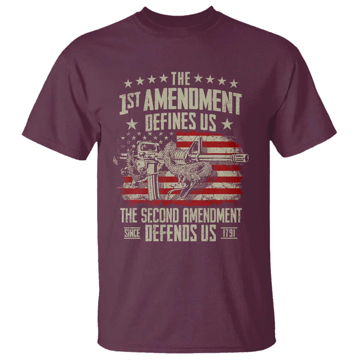 The 1st Amendment Defines Us The Second Defends Us Since 1791 T Shirt Vintage American Flag TS11 Maroon Print Your Wear