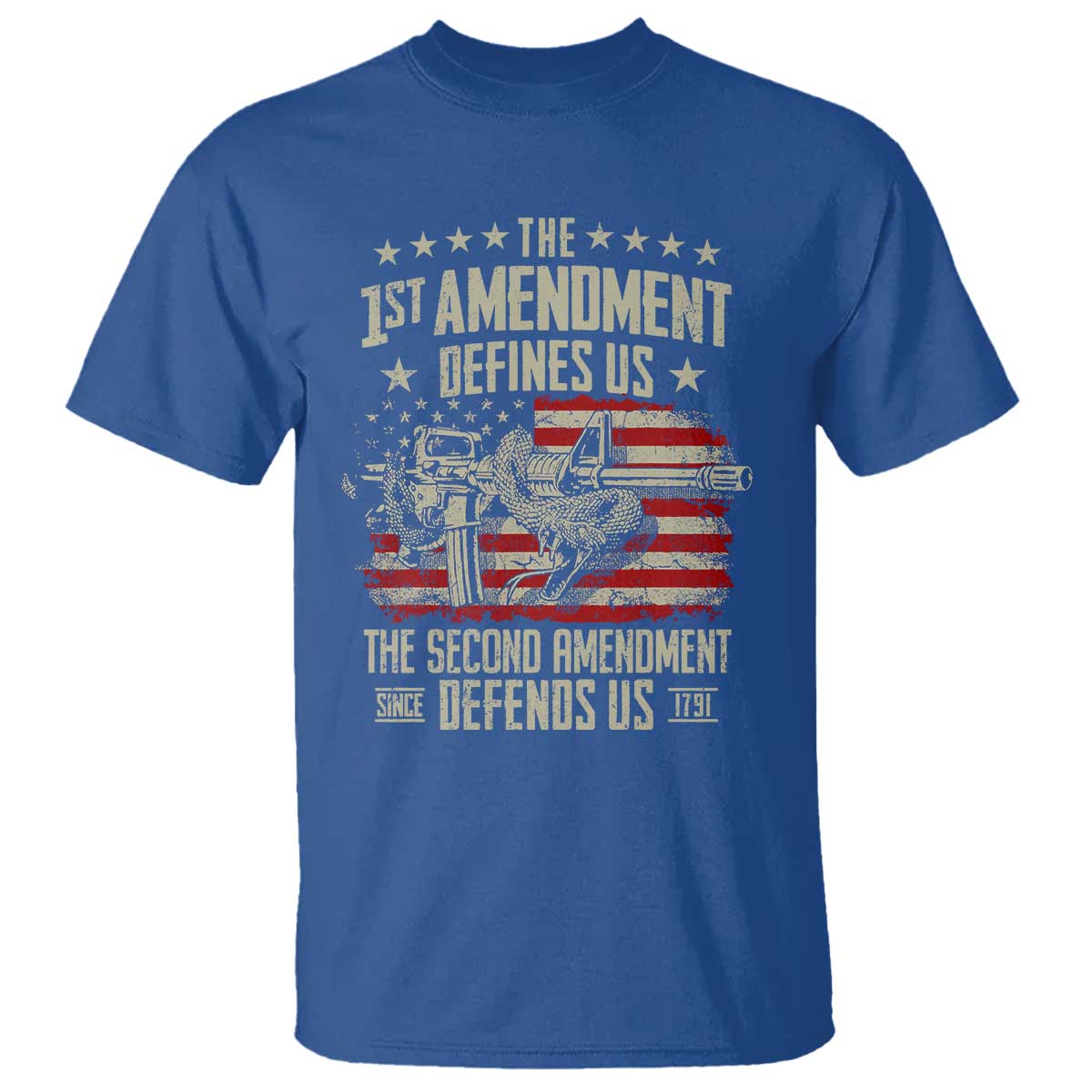 The 1st Amendment Defines Us The Second Defends Us Since 1791 T Shirt Vintage American Flag TS11 Royal Blue Print Your Wear