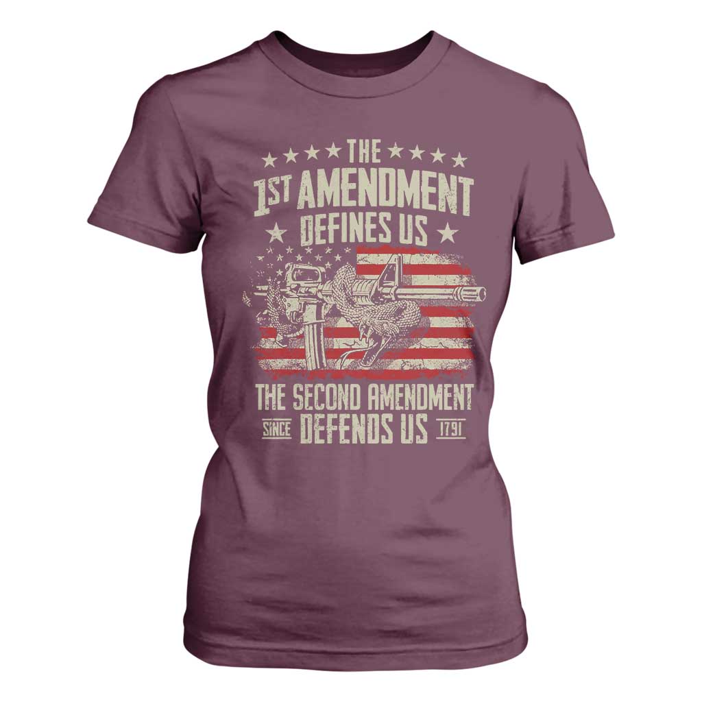 The 1st Amendment Defines Us The Second Defends Us Since 1791 T Shirt For Women Vintage American Flag TS11 Maroon Print Your Wear