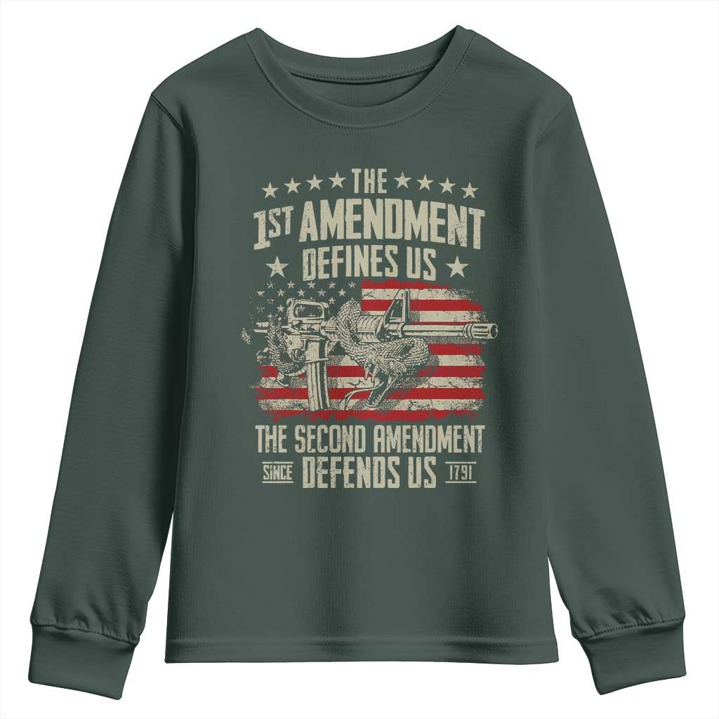 The 1st Amendment Defines Us The Second Defends Us Since 1791 Youth Sweatshirt Vintage American Flag TS11 Dark Forest Green Print Your Wear