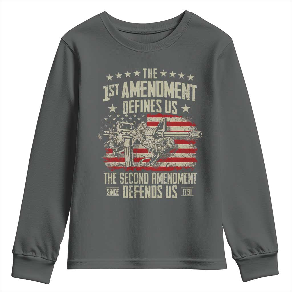 The 1st Amendment Defines Us The Second Defends Us Since 1791 Youth Sweatshirt Vintage American Flag TS11 Dark Heather Print Your Wear