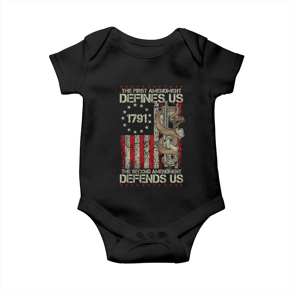 The First Amendment Defines Us The Second Defend Us Baby Onesie Vintage American Flag TS11 Black Print Your Wear