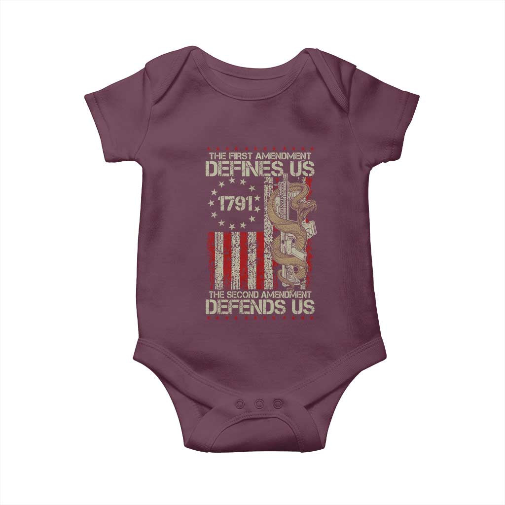 The First Amendment Defines Us The Second Defend Us Baby Onesie Vintage American Flag TS11 Maroon Print Your Wear