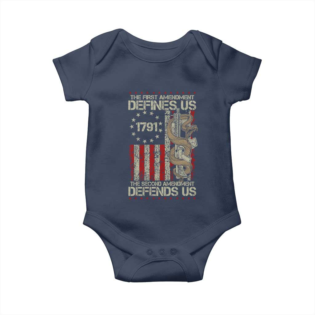 The First Amendment Defines Us The Second Defend Us Baby Onesie Vintage American Flag TS11 Navy Print Your Wear