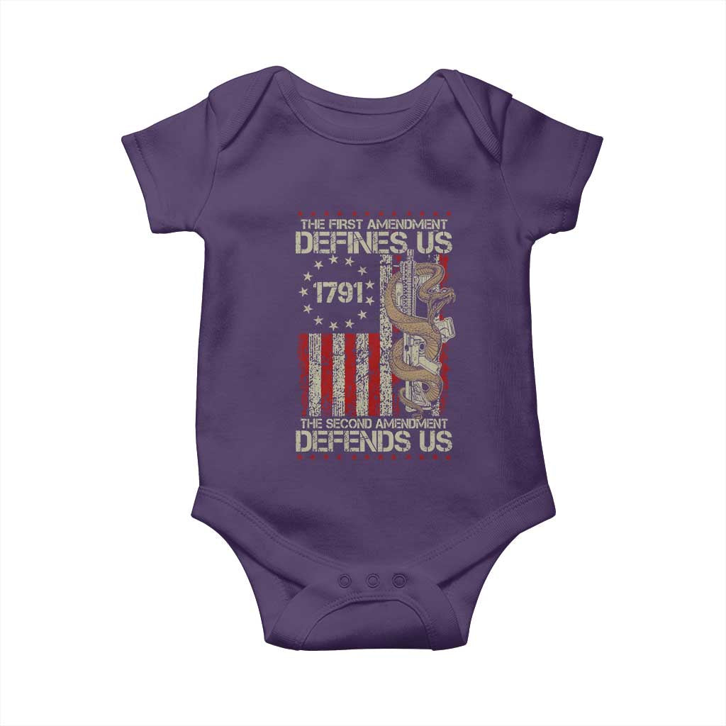 The First Amendment Defines Us The Second Defend Us Baby Onesie Vintage American Flag TS11 Purple Print Your Wear