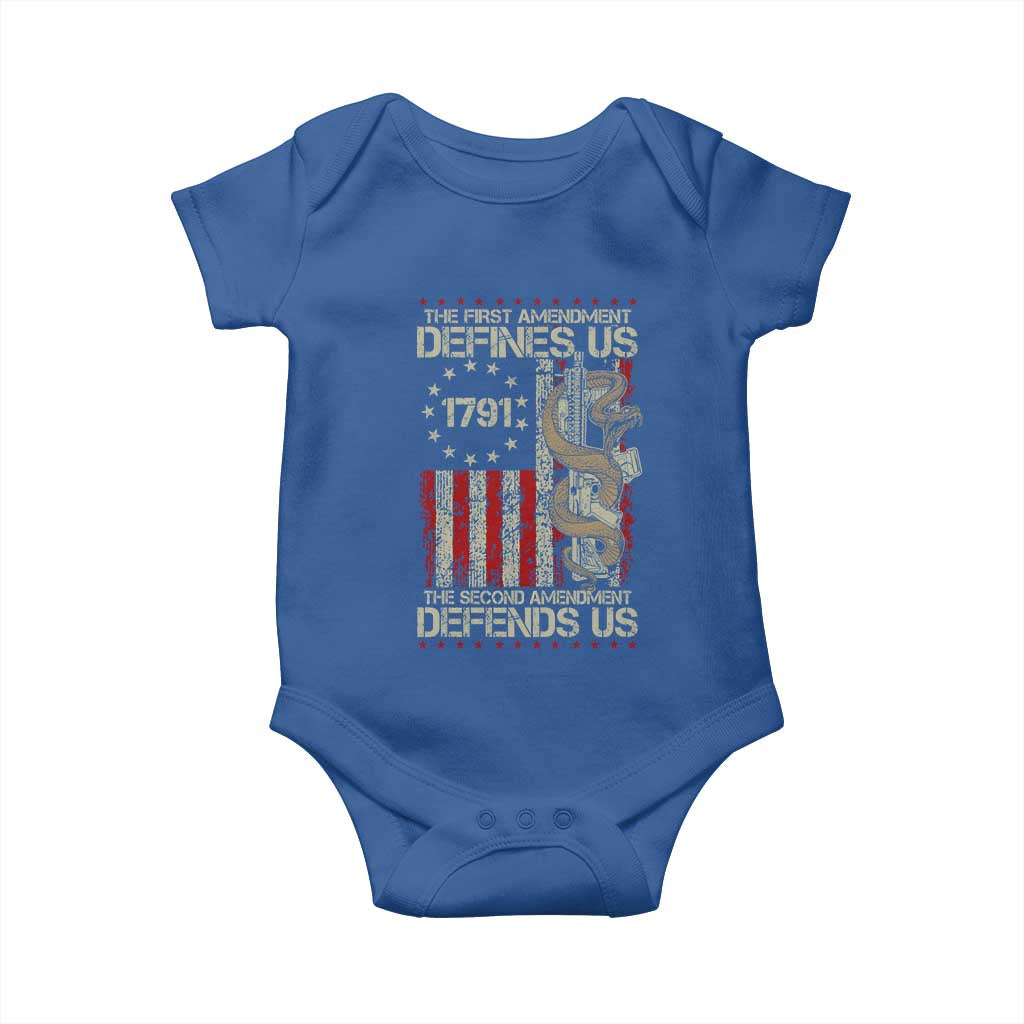 The First Amendment Defines Us The Second Defend Us Baby Onesie Vintage American Flag TS11 Royal Blue Print Your Wear