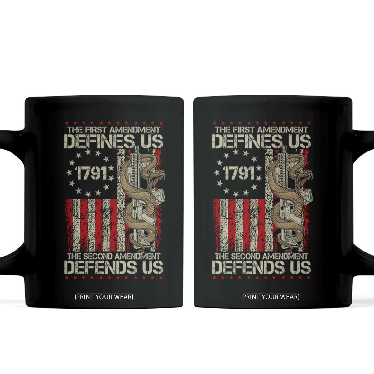 The First Amendment Defines Us The Second Defend Us Coffee Mug Vintage American Flag TS11 Black Print Your Wear