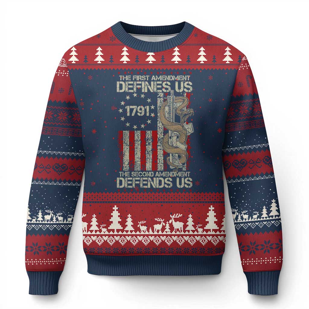 The First Amendment Defines Us The Second Defend Us Ugly Christmas Sweater Vintage American Flag TS11 Navy Red Print Your Wear
