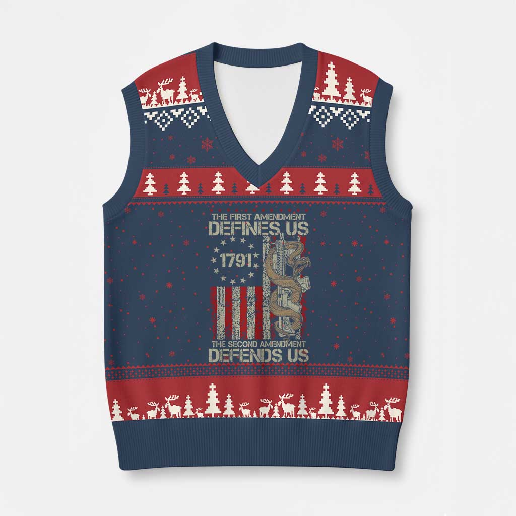 The First Amendment Defines Us The Second Defend Us V-Neck Knit Sweater Vest Vintage American Flag TS11 Navy Red Print Your Wear