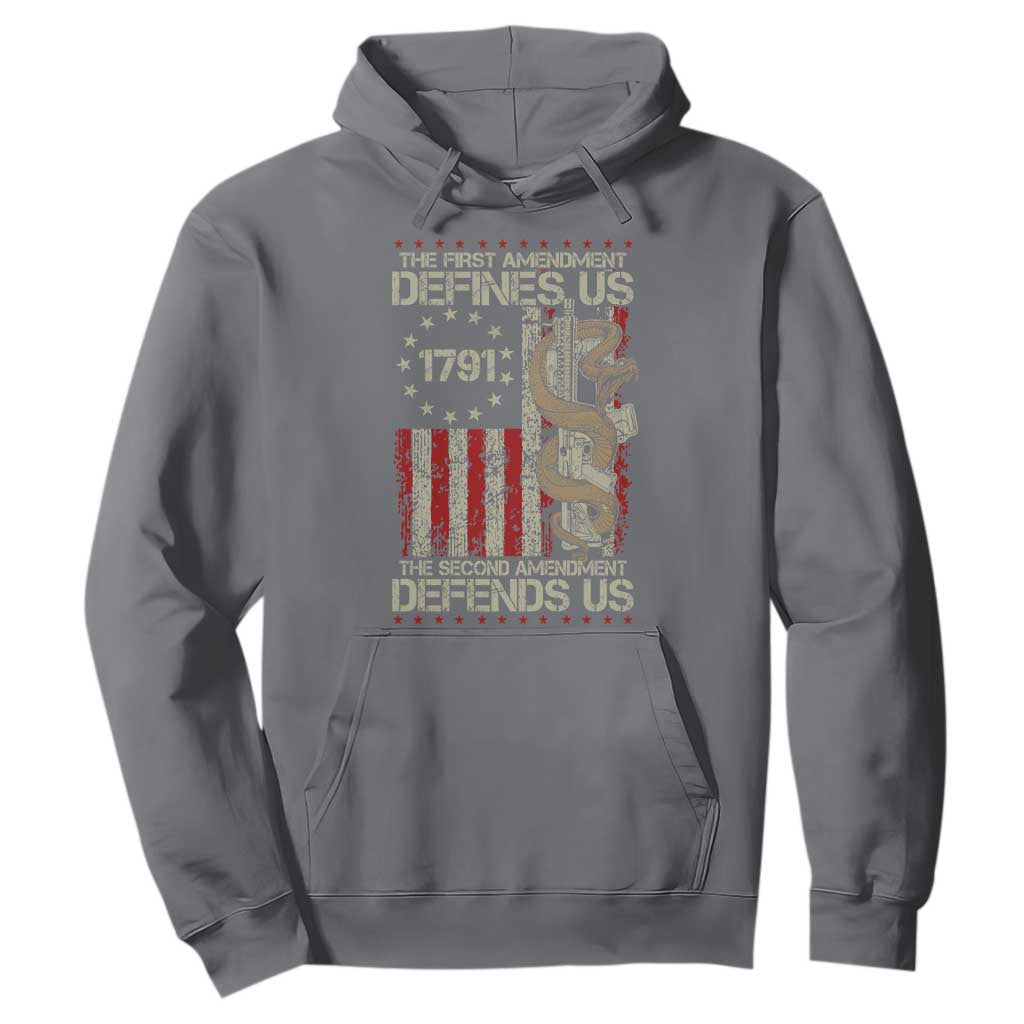 The First Amendment Defines Us The Second Defend Us Hoodie Vintage American Flag TS11 Charcoal Print Your Wear