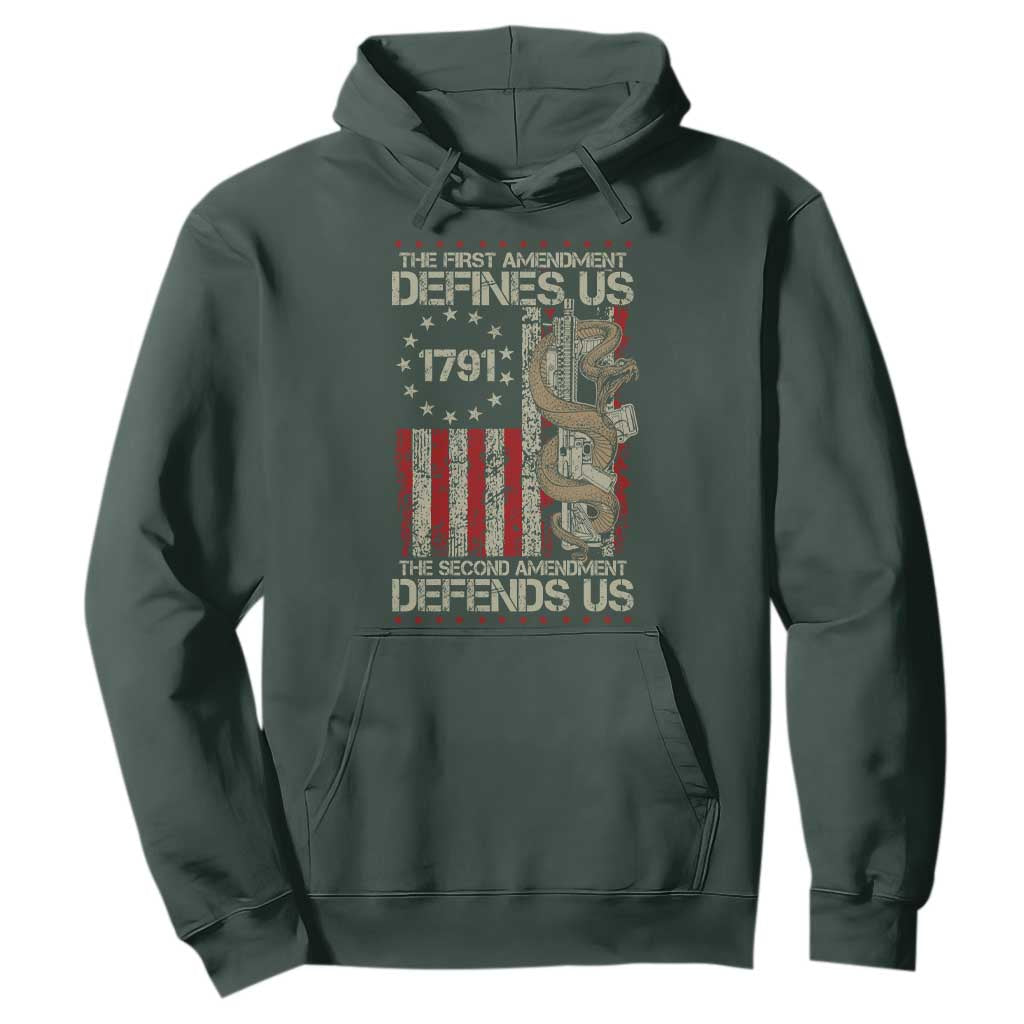 The First Amendment Defines Us The Second Defend Us Hoodie Vintage American Flag TS11 Dark Forest Green Print Your Wear