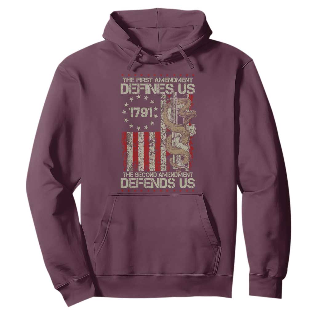 The First Amendment Defines Us The Second Defend Us Hoodie Vintage American Flag TS11 Maroon Print Your Wear