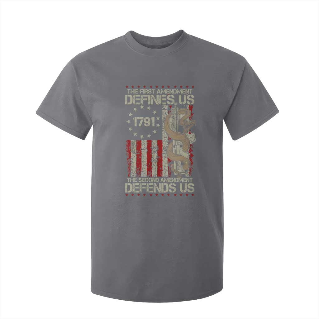The First Amendment Defines Us The Second Defend Us T Shirt For Kid Vintage American Flag TS11 Charcoal Print Your Wear