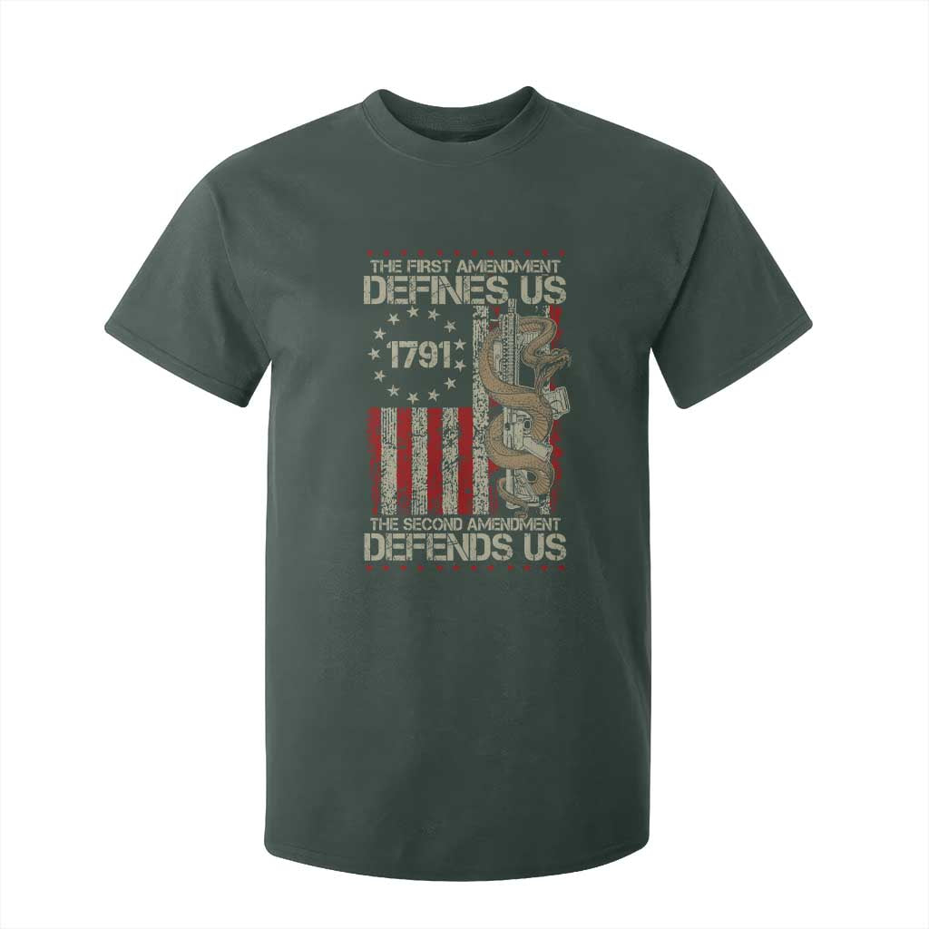The First Amendment Defines Us The Second Defend Us T Shirt For Kid Vintage American Flag TS11 Dark Forest Green Print Your Wear