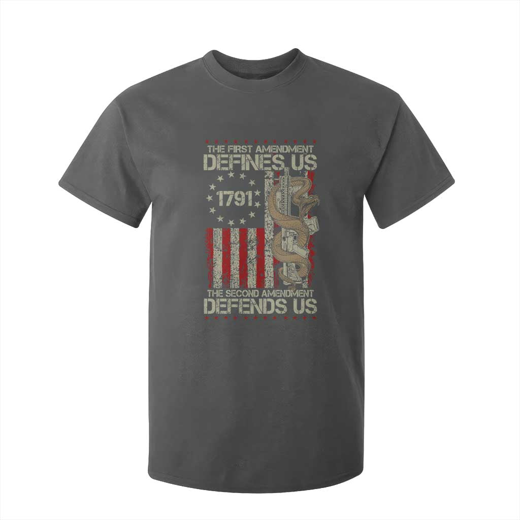 The First Amendment Defines Us The Second Defend Us T Shirt For Kid Vintage American Flag TS11 Dark Heather Print Your Wear