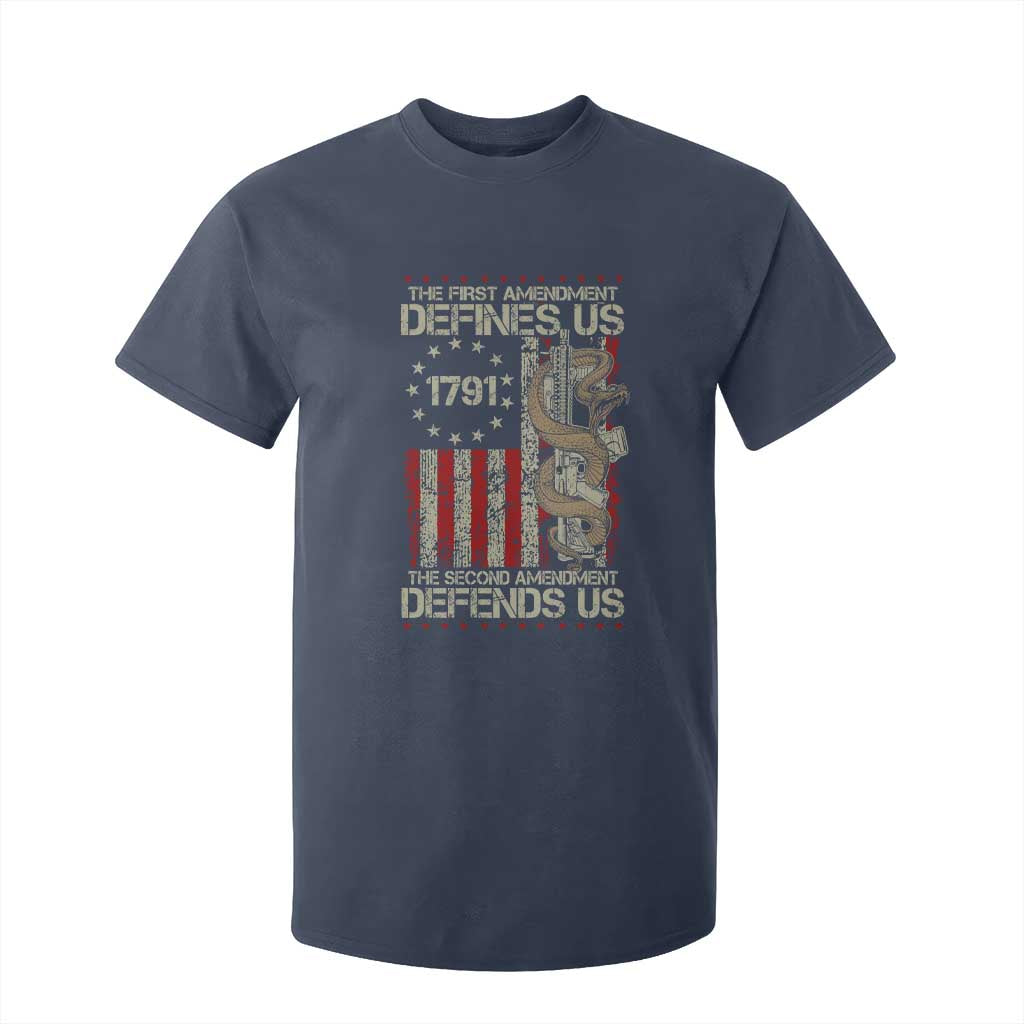 The First Amendment Defines Us The Second Defend Us T Shirt For Kid Vintage American Flag TS11 Navy Print Your Wear