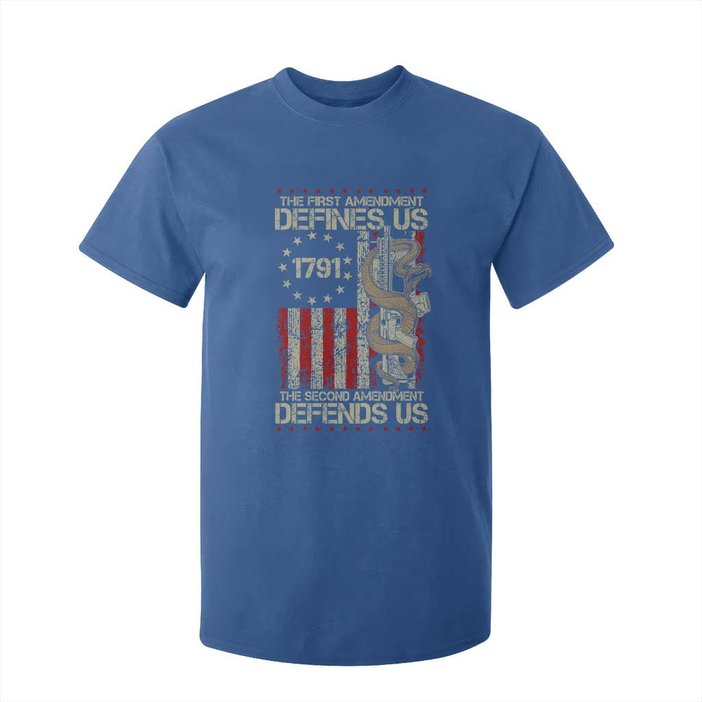 The First Amendment Defines Us The Second Defend Us T Shirt For Kid Vintage American Flag TS11 Royal Blue Print Your Wear