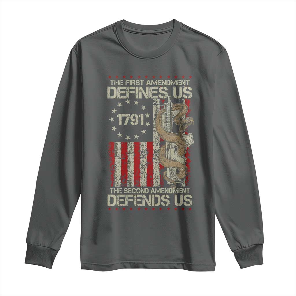 The First Amendment Defines Us The Second Defend Us Long Sleeve Shirt Vintage American Flag TS11 Dark Heather Print Your Wear