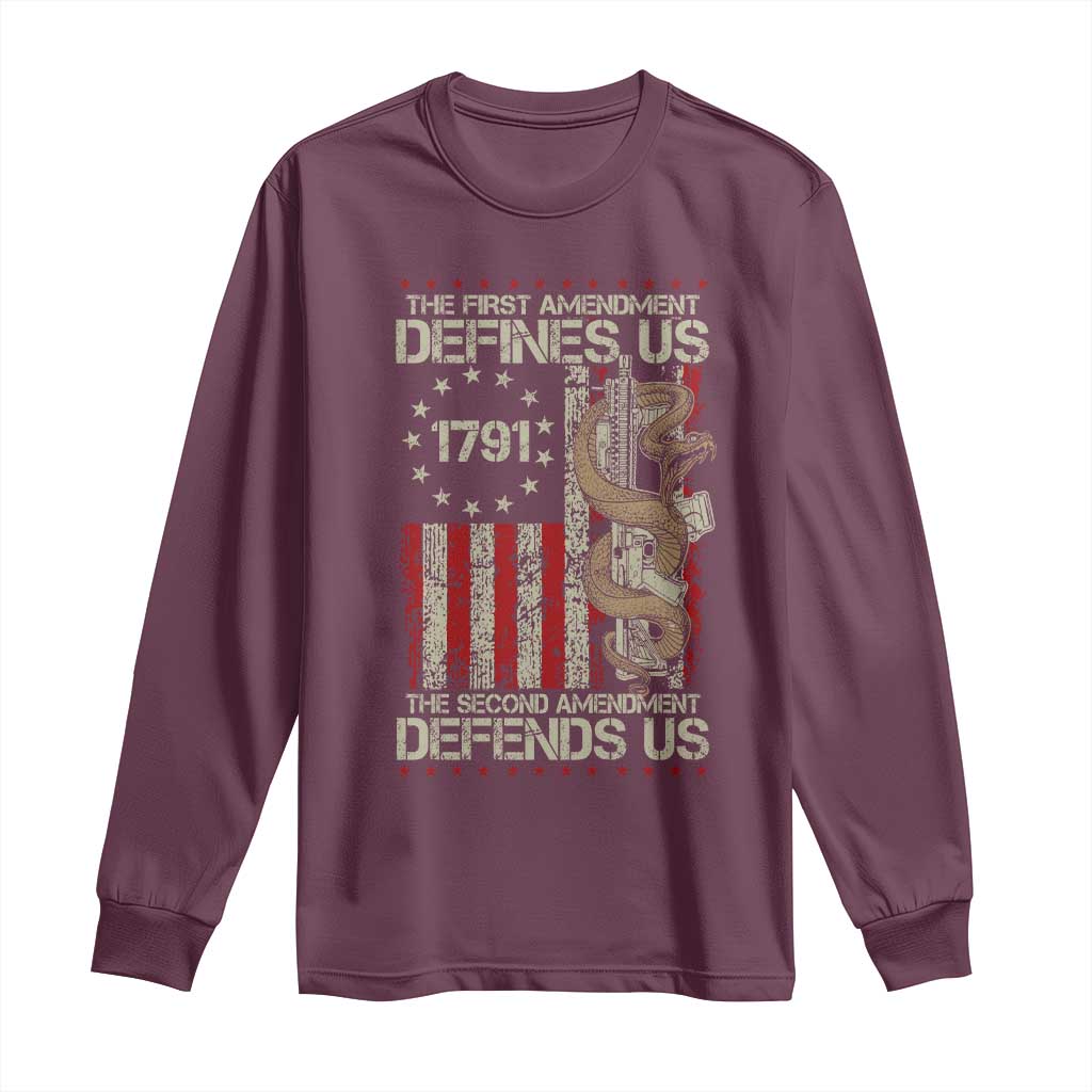 The First Amendment Defines Us The Second Defend Us Long Sleeve Shirt Vintage American Flag TS11 Maroon Print Your Wear