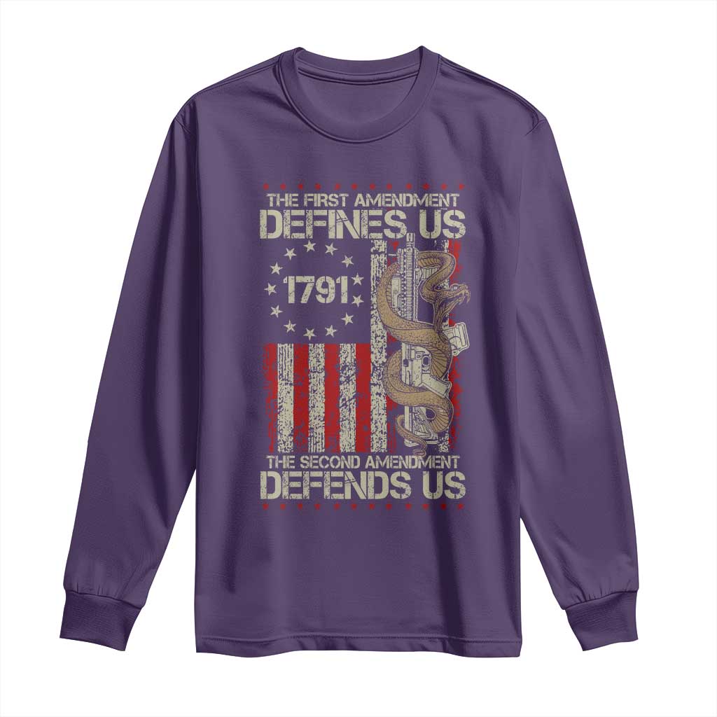 The First Amendment Defines Us The Second Defend Us Long Sleeve Shirt Vintage American Flag TS11 Purple Print Your Wear