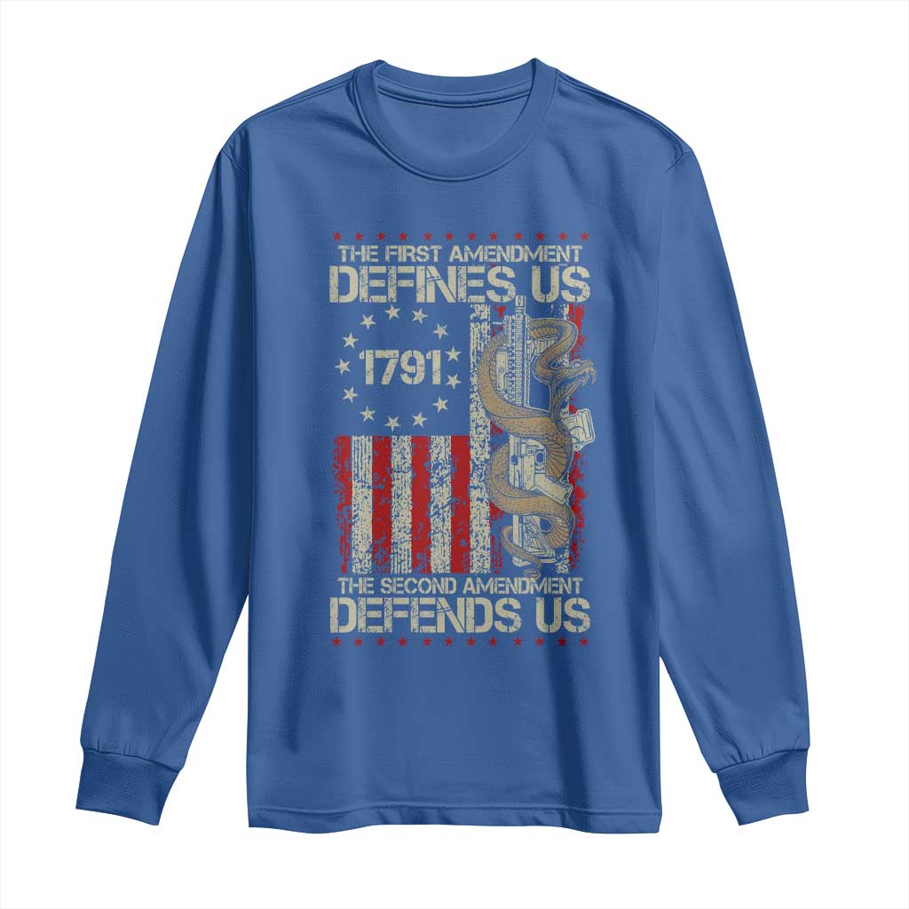 The First Amendment Defines Us The Second Defend Us Long Sleeve Shirt Vintage American Flag TS11 Royal Blue Print Your Wear