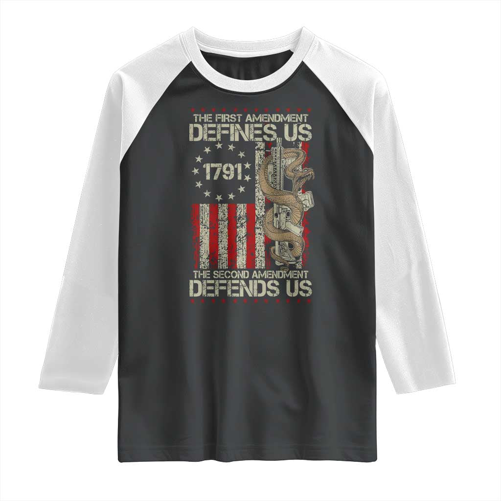 The First Amendment Defines Us The Second Defend Us Raglan Shirt Vintage American Flag TS11 Black White Print Your Wear