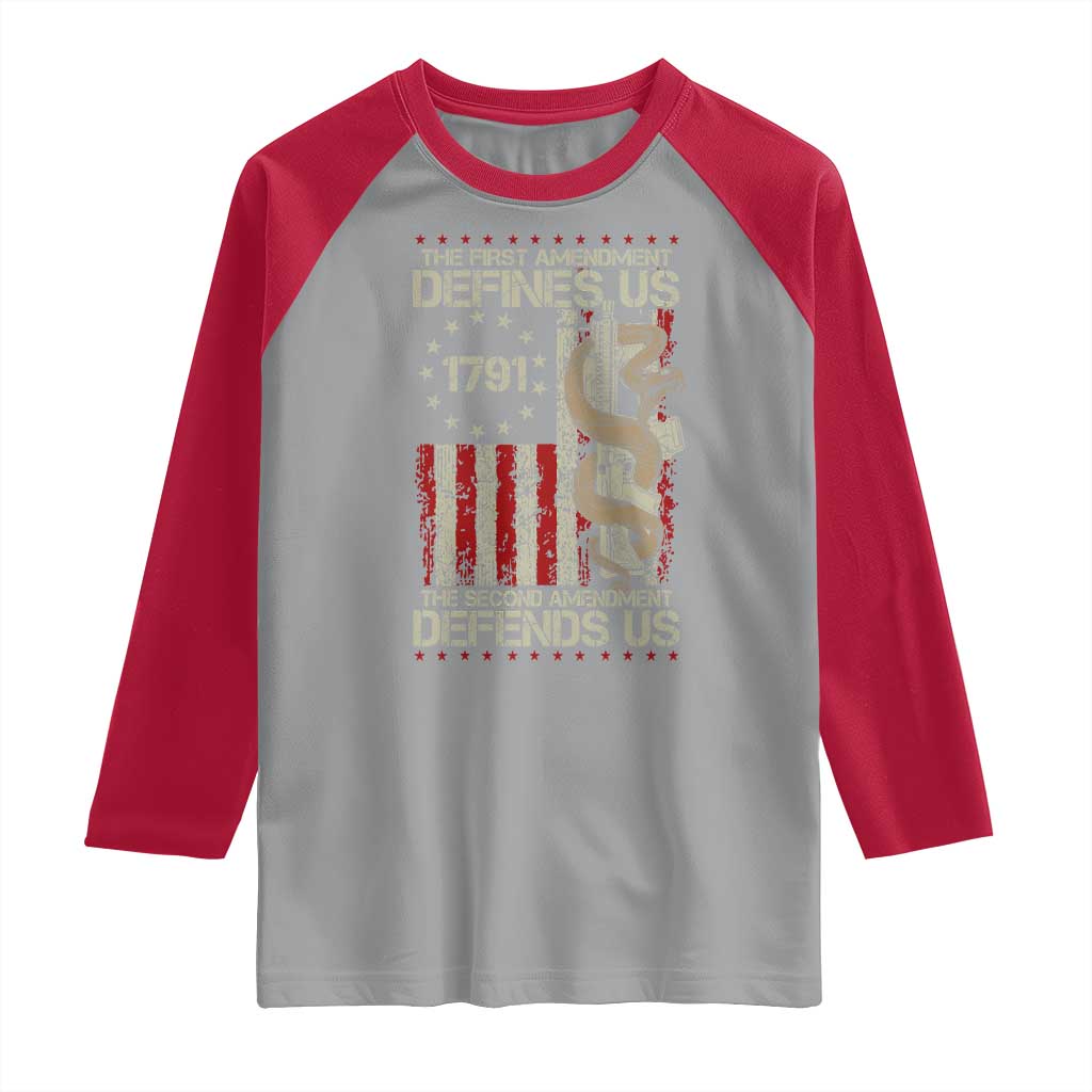 The First Amendment Defines Us The Second Defend Us Raglan Shirt Vintage American Flag TS11 Sport Gray Red Print Your Wear