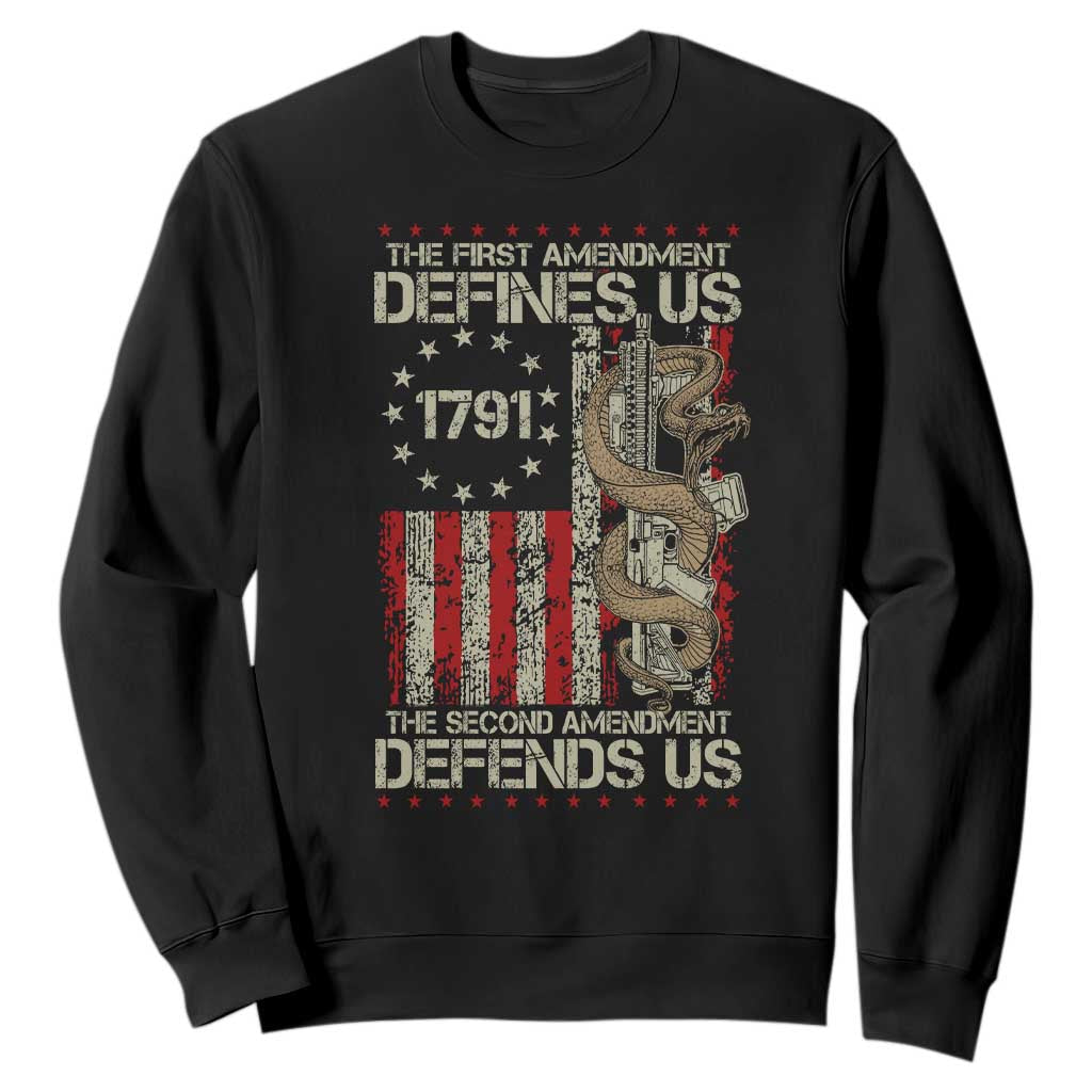 The First Amendment Defines Us The Second Defend Us Sweatshirt Vintage American Flag TS11 Black Print Your Wear
