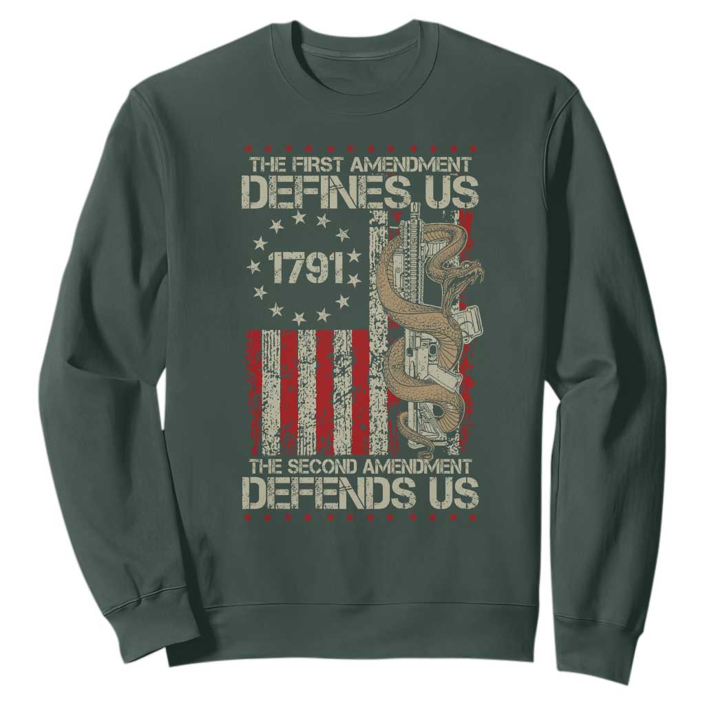 The First Amendment Defines Us The Second Defend Us Sweatshirt Vintage American Flag TS11 Dark Forest Green Print Your Wear
