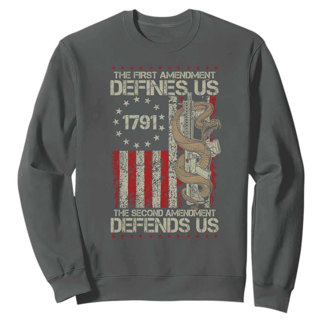 The First Amendment Defines Us The Second Defend Us Sweatshirt Vintage American Flag TS11 Dark Heather Print Your Wear