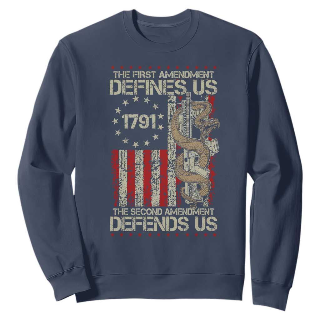 The First Amendment Defines Us The Second Defend Us Sweatshirt Vintage American Flag TS11 Navy Print Your Wear
