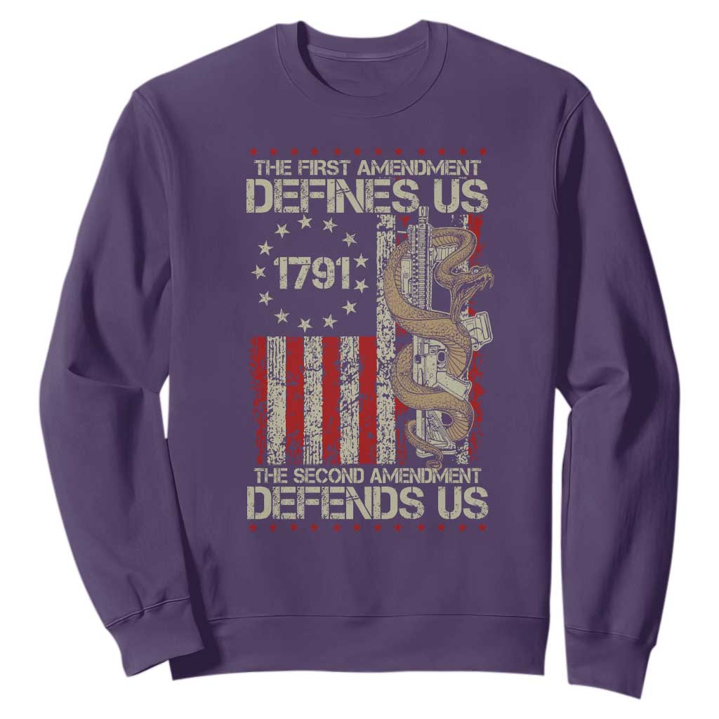 The First Amendment Defines Us The Second Defend Us Sweatshirt Vintage American Flag TS11 Purple Print Your Wear