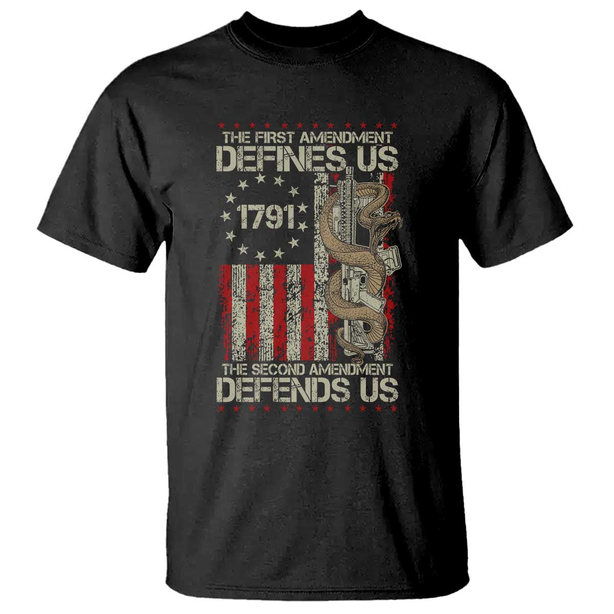 The First Amendment Defines Us The Second Defend Us T Shirt Vintage American Flag TS11 Black Print Your Wear