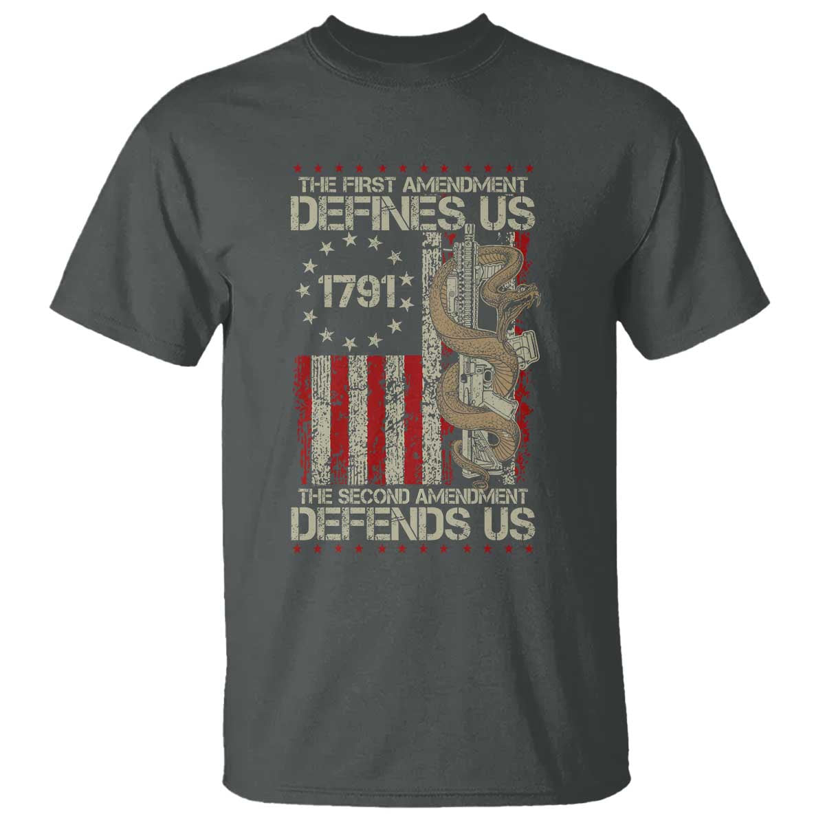 The First Amendment Defines Us The Second Defend Us T Shirt Vintage American Flag TS11 Dark Heather Print Your Wear