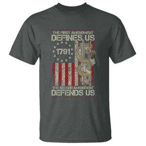 The First Amendment Defines Us The Second Defend Us T Shirt Vintage American Flag TS11 Dark Heather Print Your Wear